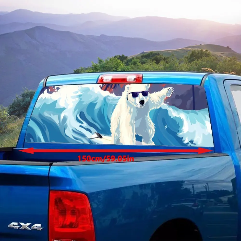 Sunset Surfing Polar Bear Car Accessories Rear Windshield Sticker, Truck Window See Through Perforated Window Car Vinyl Wraps De