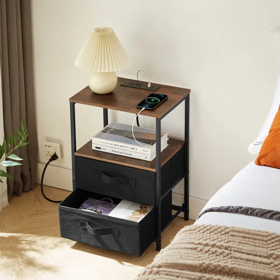 End Table with Charging Station Nightstand with USB Port Outlet and Fabric Bag 2 Drawers and Open Storage Shelf Side Table Sofa