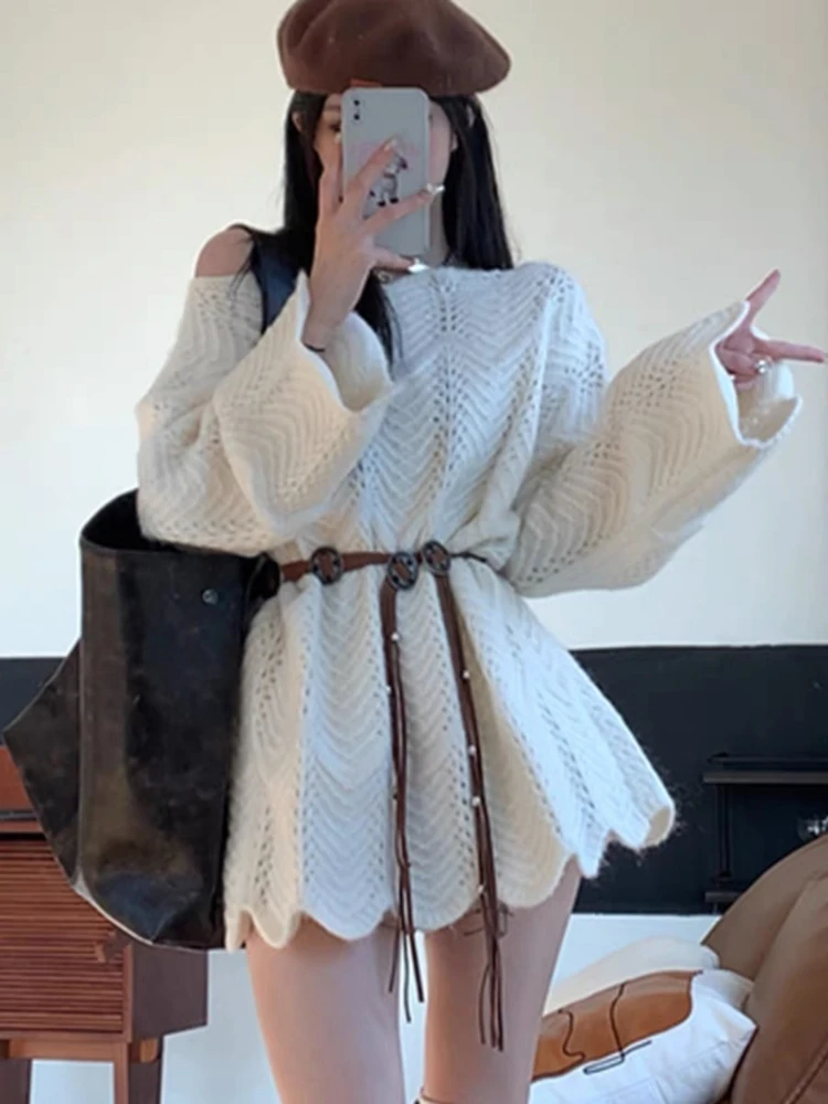 Осенний женский пуловер, свободный свитер, элегантный повседневный однотонный вязаный топ, зимний трикотаж с открытыми плечами