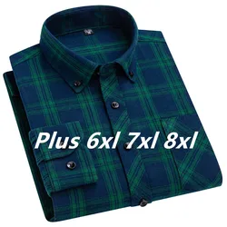 Camisas xadrez verdes soltas para homens, 100% algodão, manga comprida, conforto suave, escritório de negócios, Natal, outono, plus size, 6XL, 7XL, 8XL, 2023