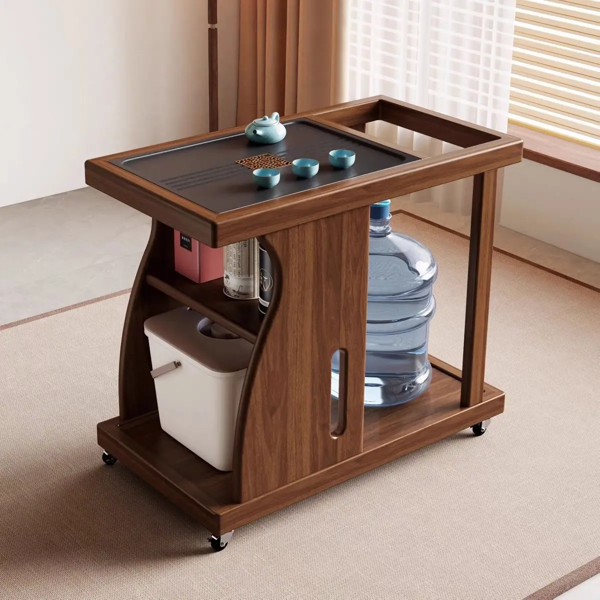 New Chinese-style ebony solid wood tea table mobile small apartment coffeetable household teatable balcony kettle integrated m
