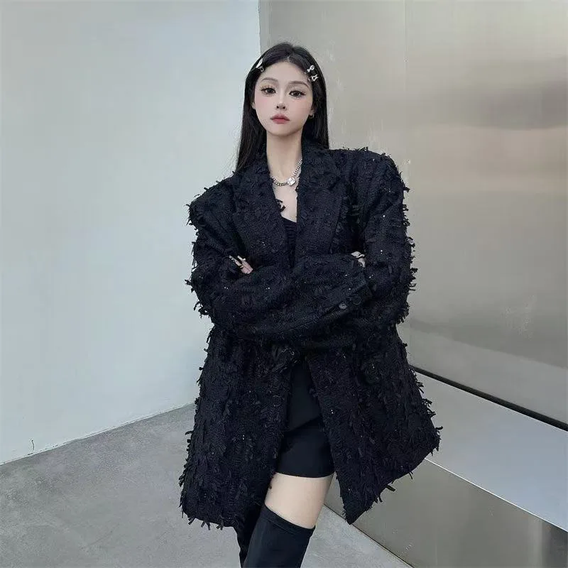 سترة بدلة سوداء منسوجة على طراز الشارع للخريف/الشتاء بدلة كاجوال فضفاضة مع هامش للرجال والنساء