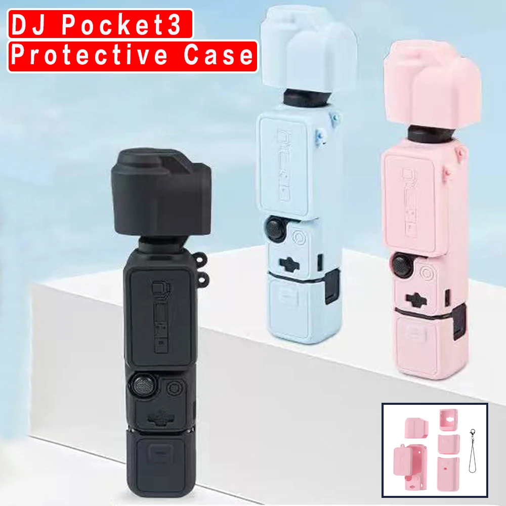 

Силиконовый защитный чехол для камеры DJI Dronelock Pocket 3, соответствующий корпус, с объективом и аксессуарами черного, синего и розового цвета.