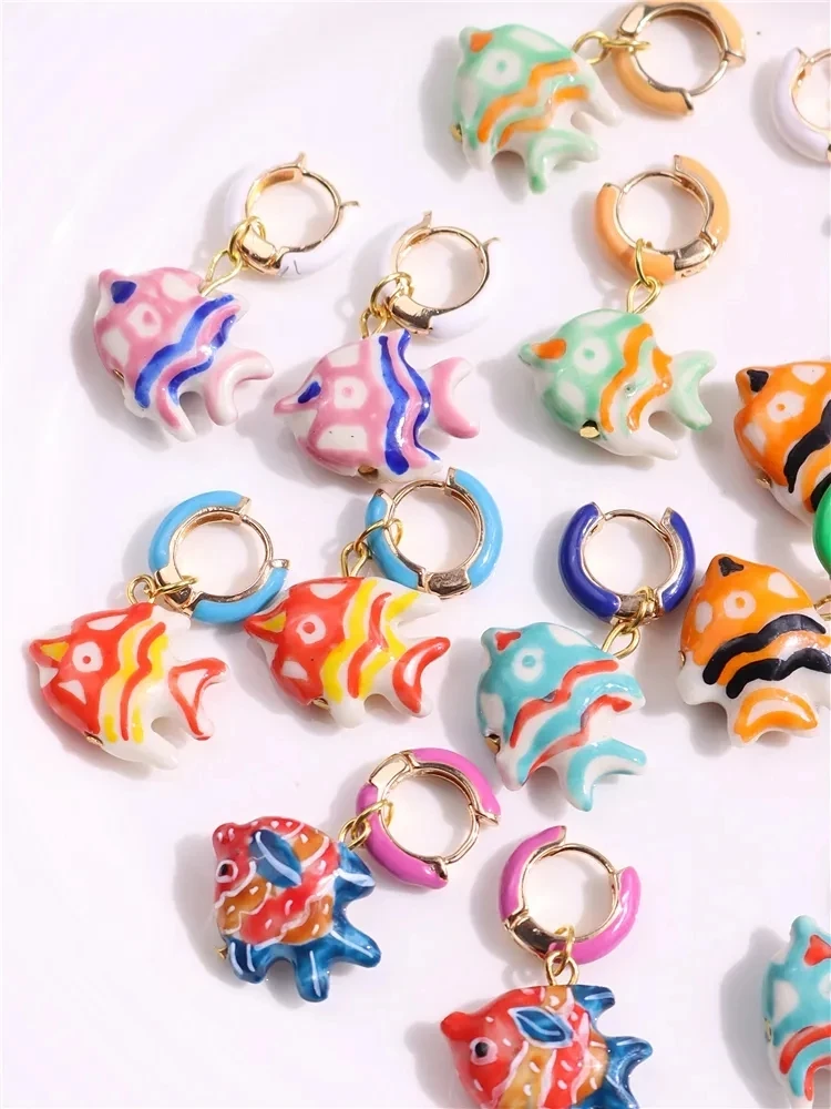 Pre Sale Colorful Glazed Enamel Fish Hoop Earrings for Women Girls Cute Handmade Chic Ancessories Summer Beach Trend Jewelry