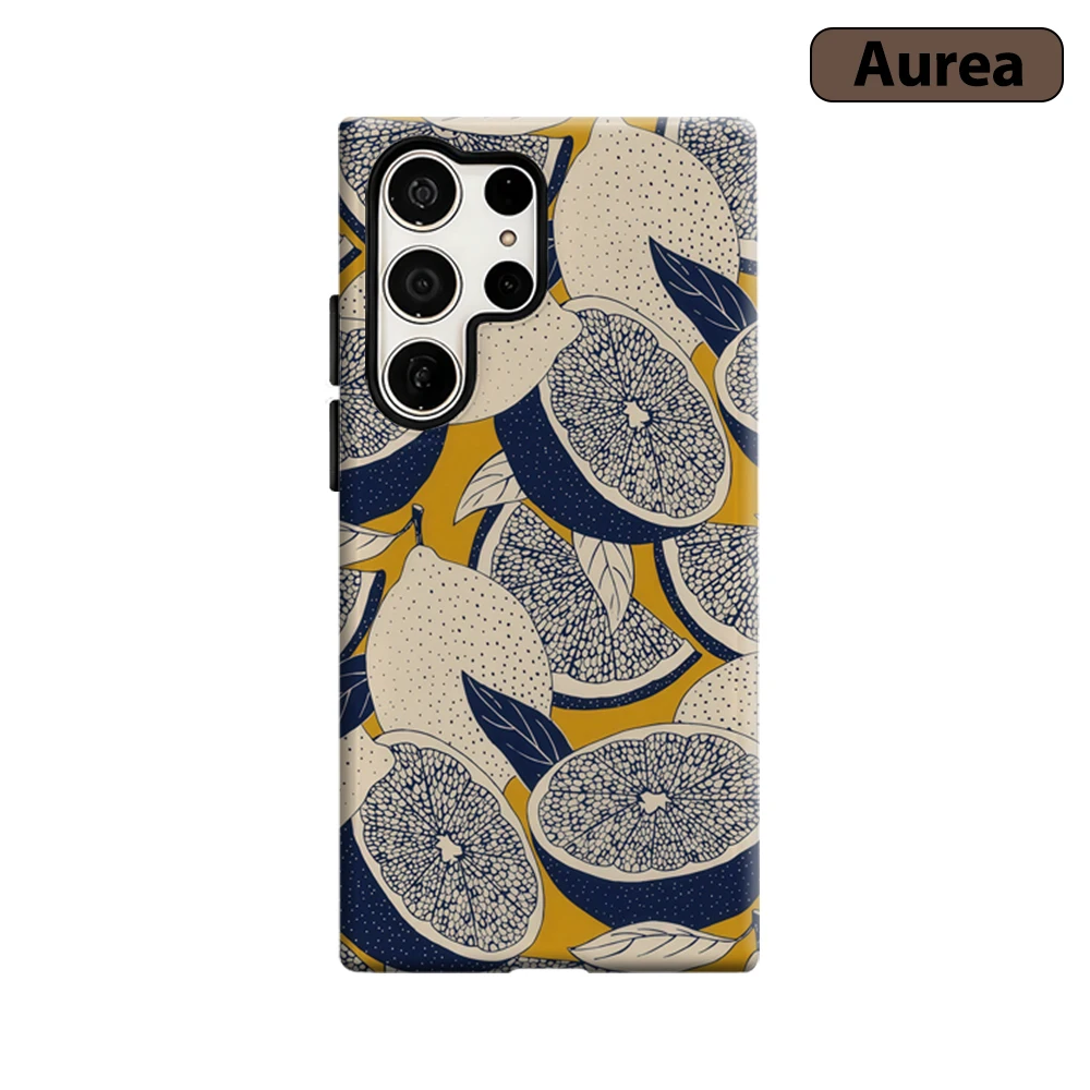 Senfblau & Weiß Zitronen-Handyhülle für Samsung Galaxy S25 Ultra S24 S23 Ultra Plus Stoßfeste Doppelschicht Robuste Rückabdeckung