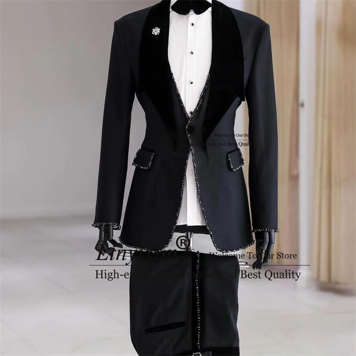 Sparkly Beaded Crystals Men Suits Fashion Shawl Lapel Groom Wedding Tuxedos Male Prom Party Blazers 2 Pieces Sets Costume Homme