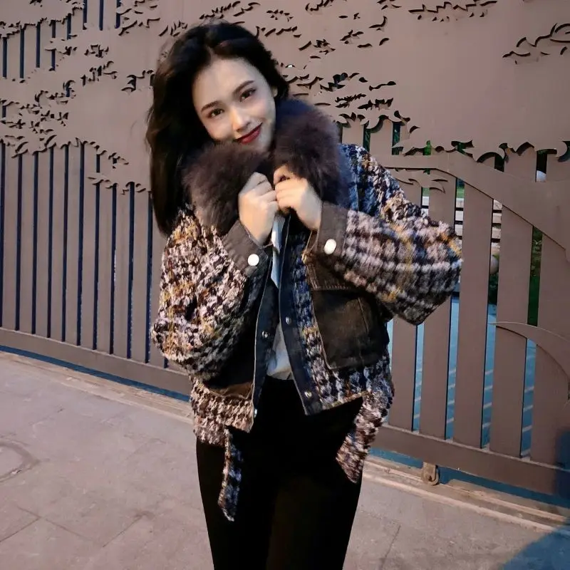 冬用の新しい綿入り厚手のデニムチェックツイードショートトップ、女性用、コート付き、ファッショナブルで高級感がありエレガントです。