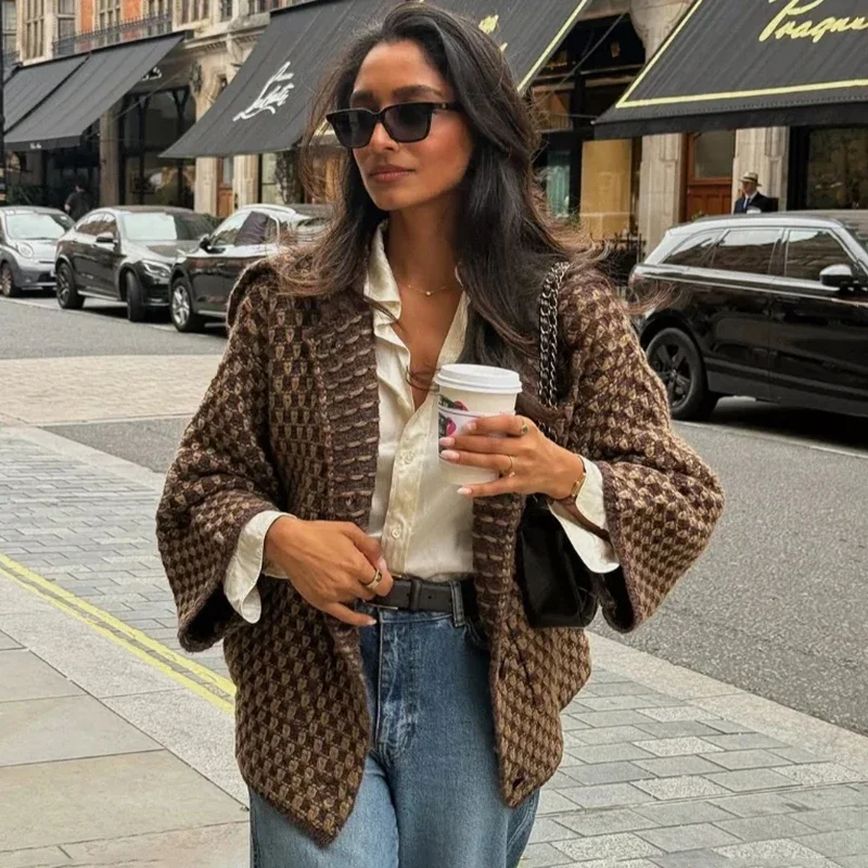 الرجعية المطبوعة سترة مشغولة من الصوف الإناث الشارع الشهير موضة التلبيب كم طويل سترة معطف الخريف جديد بلوزة فضفاضة غير رسمية