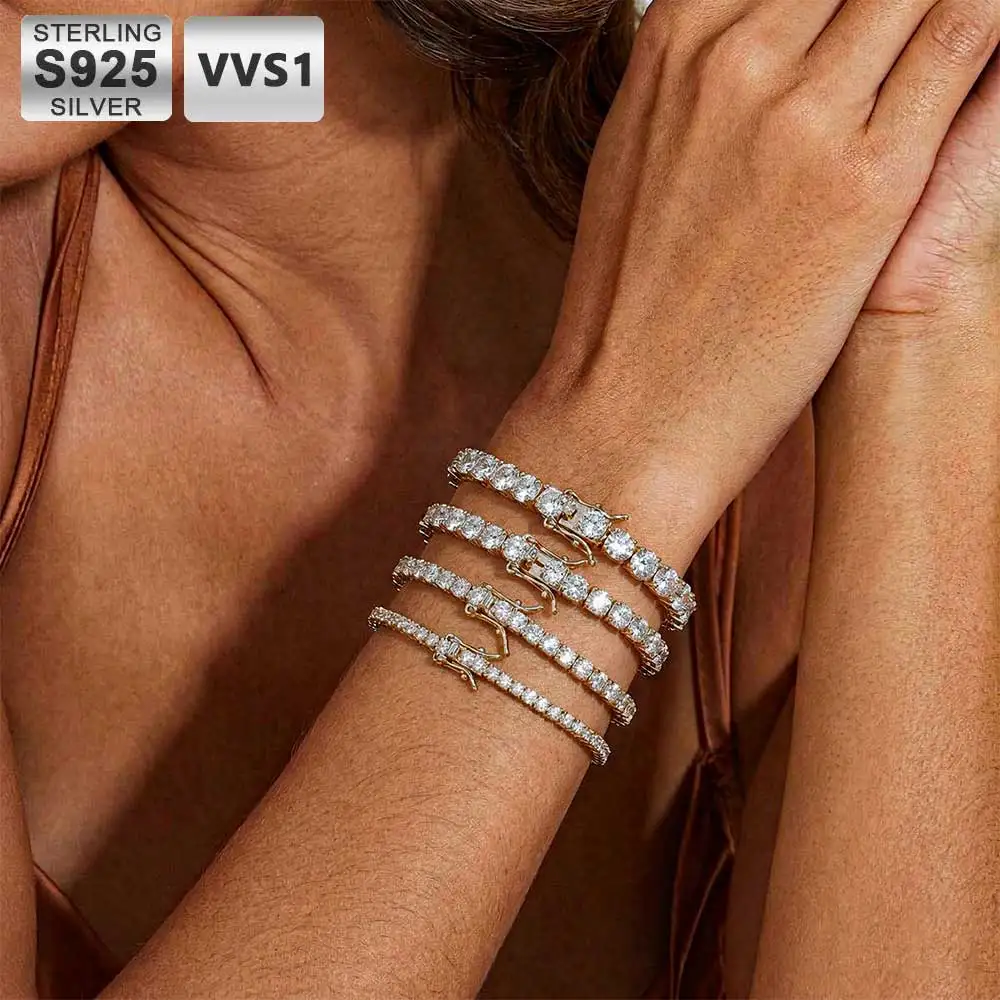 

ICEBLING Moissanite Tennis Bracelet 2/3/4/5MM 18K Gold Plated 925 Sterling Silver Chain D Color VVS1 Round Moissanite 6-8Inch