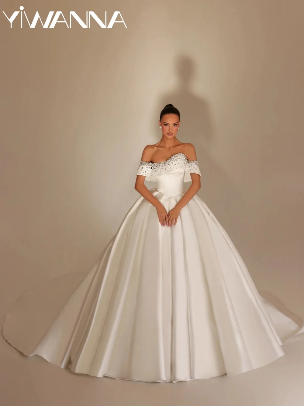 

Dazzling Crystal Pearls Wedding Dress Exquisite Satin Off Shoulder Bridal Gown New Customized Luxury Princess Dresses For Bride