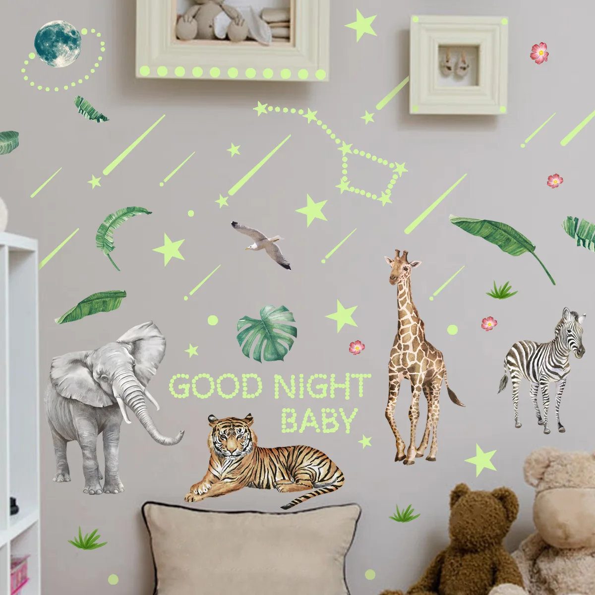 2pcs Luminous Cartoon Animal Tiger Elephant Giraffe Luminous Sticker Children's Room Home Decoration Mural Wall Sticker Ycg6043