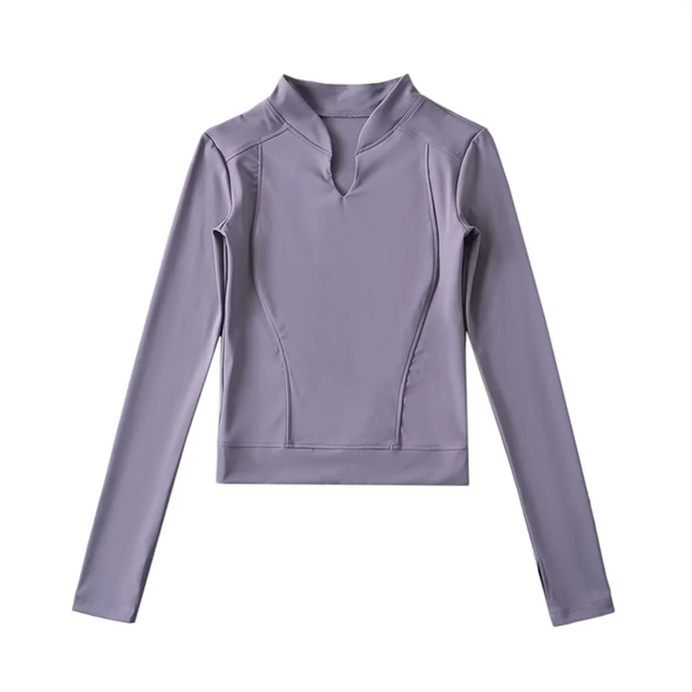 Nieuwe Yoga Pak Koreaanse Lente Herfst Stand V-hals Fitness Tops Lange Mouw Sport Sneldrogend T-shirt Korte Slim Fit Paarse T-shirts