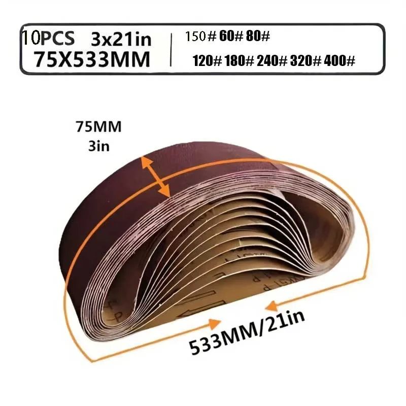 

Sanding Belt Set 75x533mm 3x21in Mixed Grit 40-400 Durable Flexible Belt for Wood Metal Polishing
