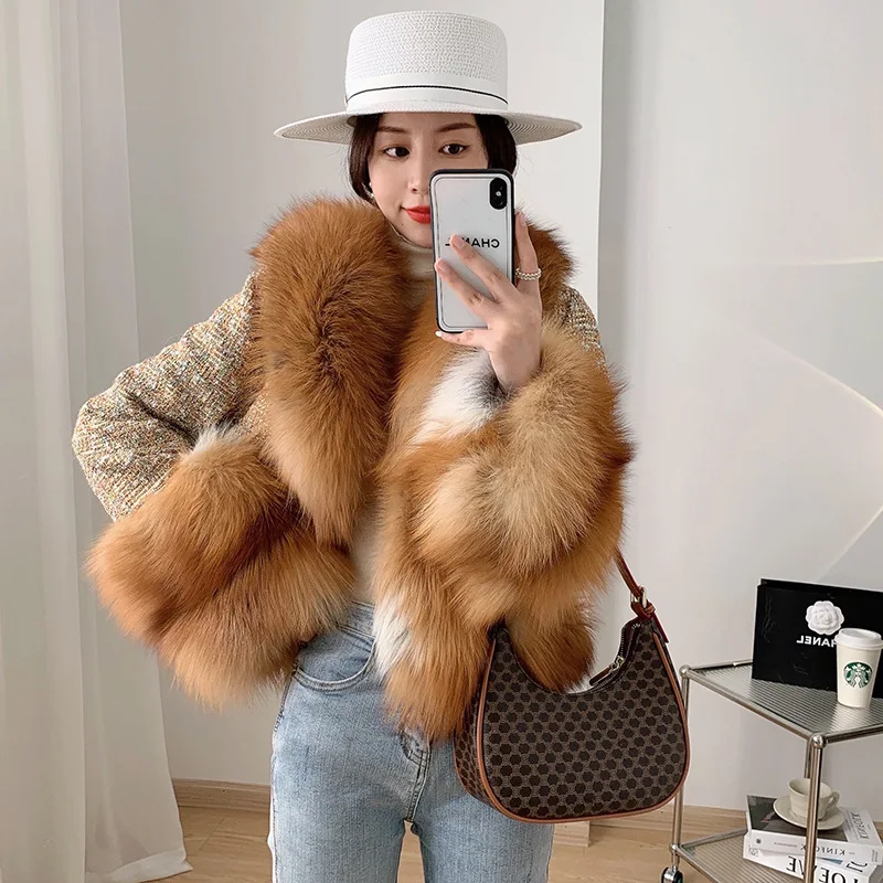 Silver Fox Full Skin Fox Fur Grass Coat Women's Short Thick Tweed Spliced Large Fur Collar V-neck Coat