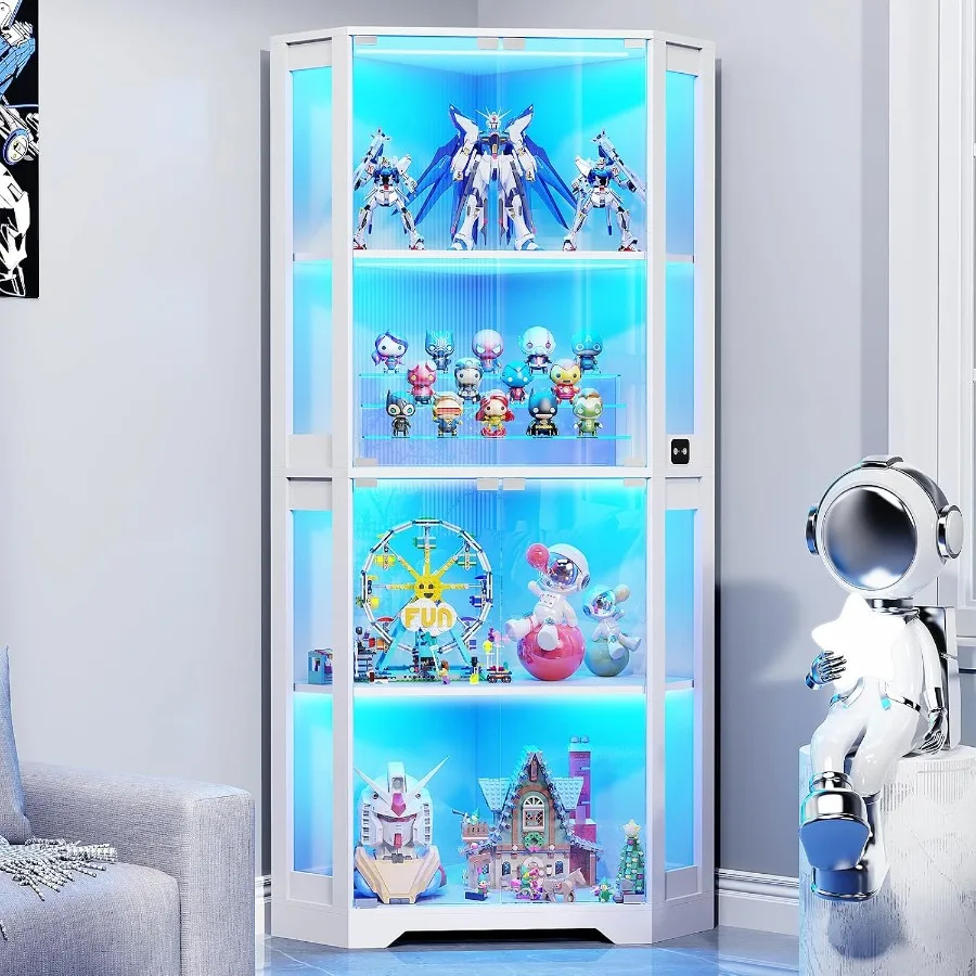 Lighted Corner Display Cabinet with Glass Doors for Collectibles: Acrylic, Clear, LED Illumination