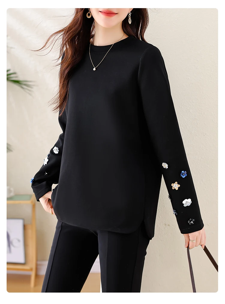 

Трехмерная толстовка с бисером для женщин, ранняя осень 2024, новый топ, темперамент, черная толстовка с длинными рукавами