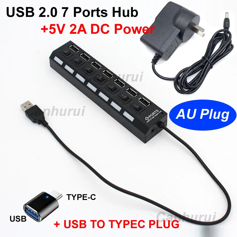 50cm 7 Ports USB 2.0 Hub TYPE-C 30/3.1 USB Splitter+5V 2A AC DC Power Adapter Switch LDE Light For PC Computer Laptop Notebook