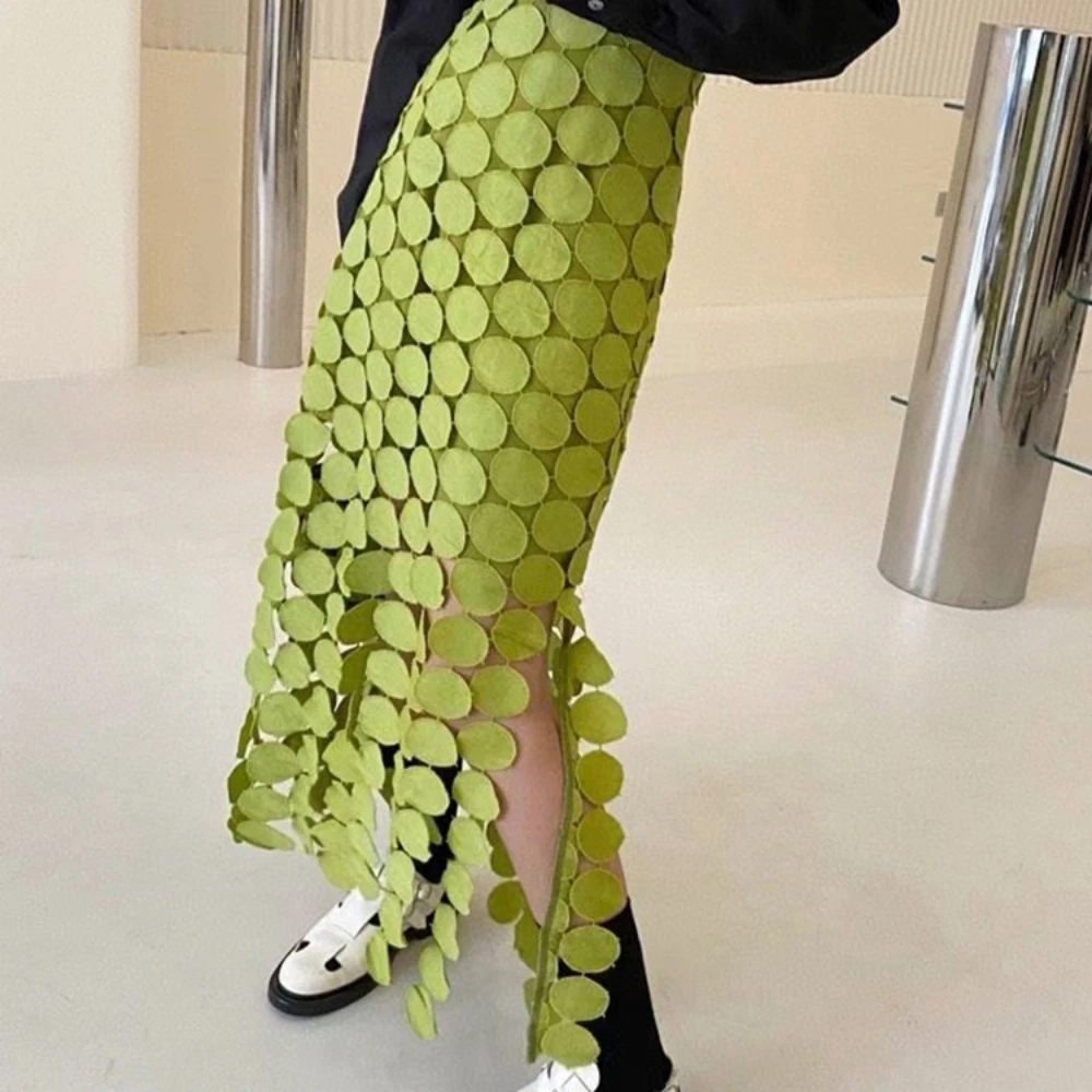 

New Fashion Cut Out Skirt for Women High Waist Patchwork Tassel Irregular Hem Solid Midi Skirts Female Summer Clothing Style