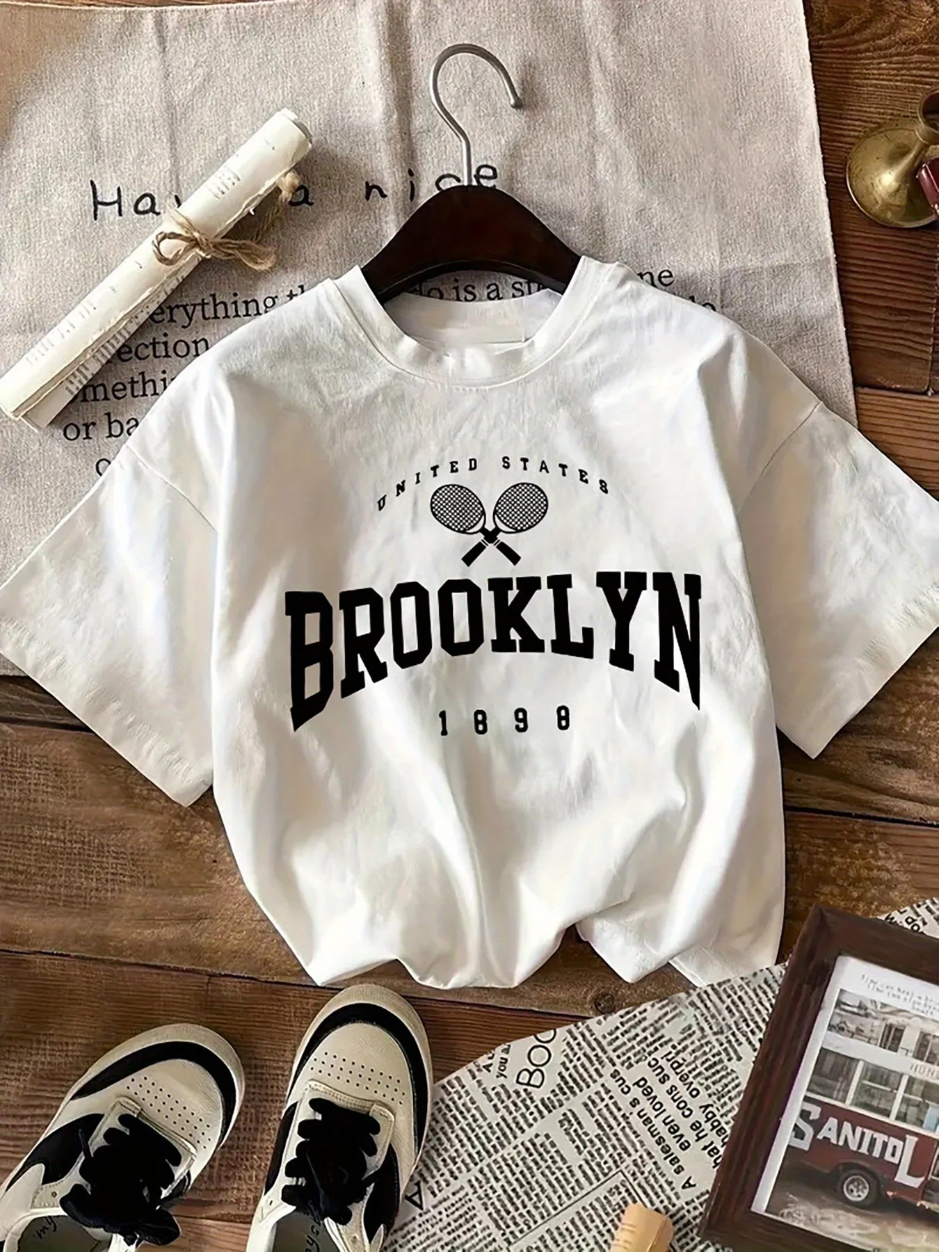 Brooklyn Print T-shirt, Short Sleeve Crew Neck Casual Top For Summer & Spring, Women's Clothing