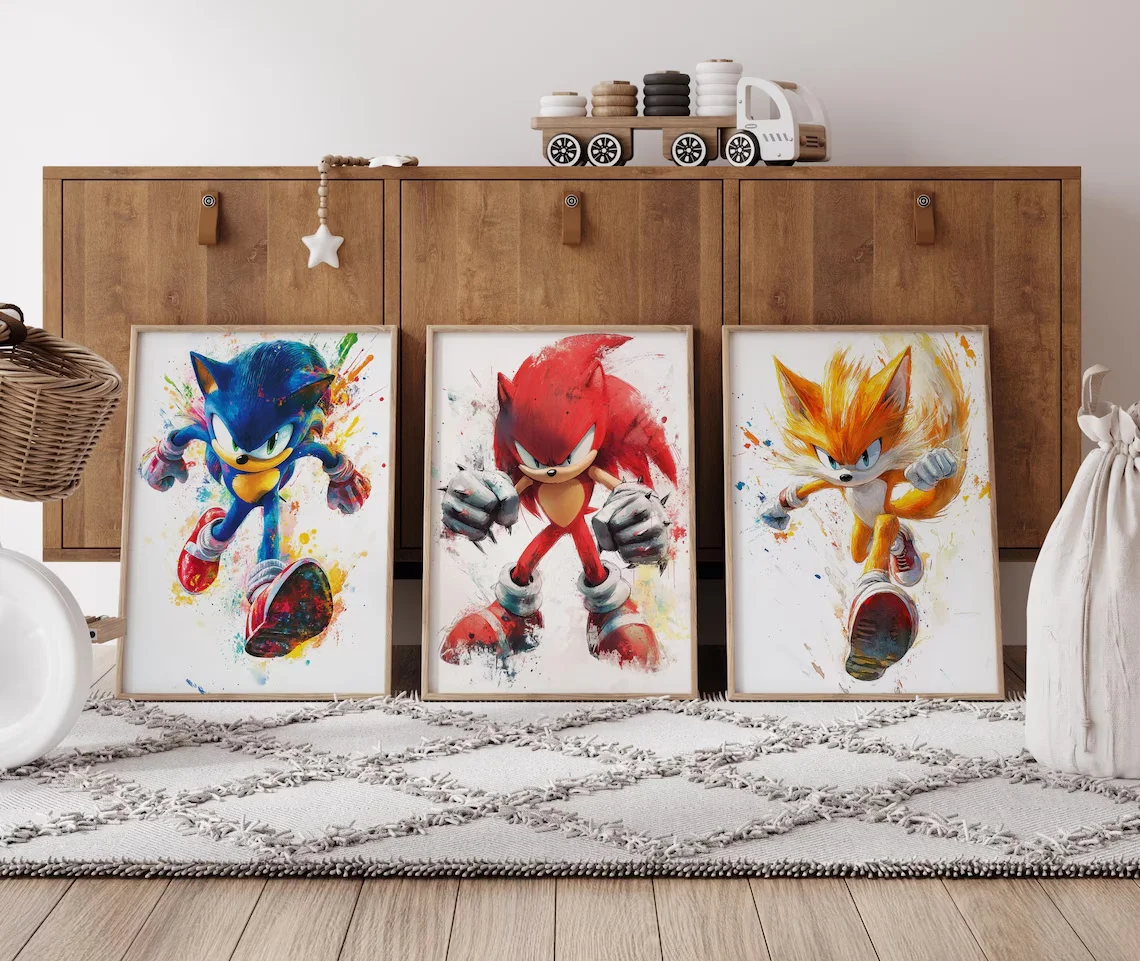 Sonic Hedgehog Prints, Set of Sonic Movie Watercolor Posters, Game Poster, Shadow, Tails, Knuckles, Wall Art, Kids Room Wall Art