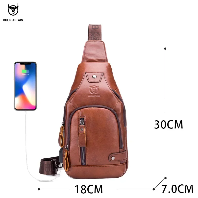 BULLCAPTAIN Leather Men\'s Chest Pocket One Crossbody Bags With USB Rechargeable Chest Bag Can Be Used For 7.9 Inch IPai Pockets