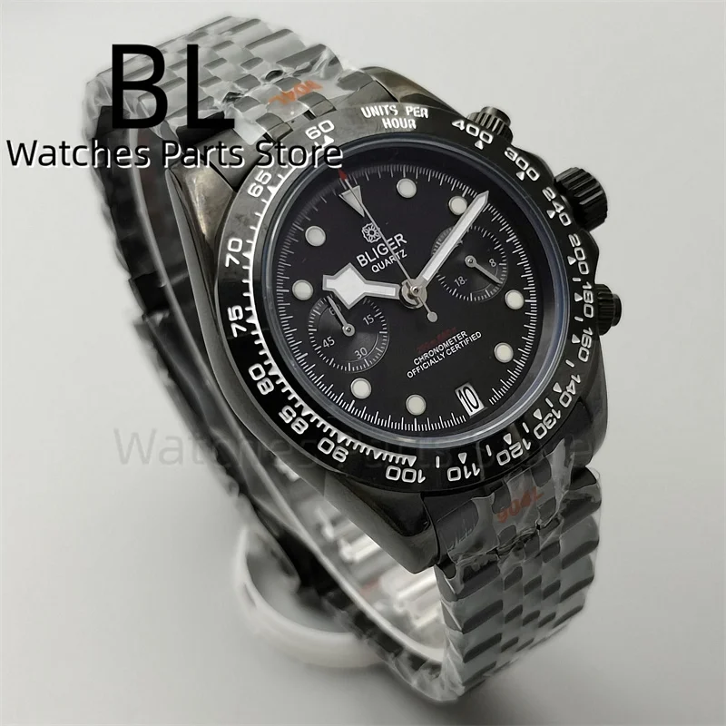 BLIGER 39mm Full Black VK64 Quartz Chronograph Watch For Men Sapphire Crystal 6 O \'clock Date Function Waterproof Jubilee