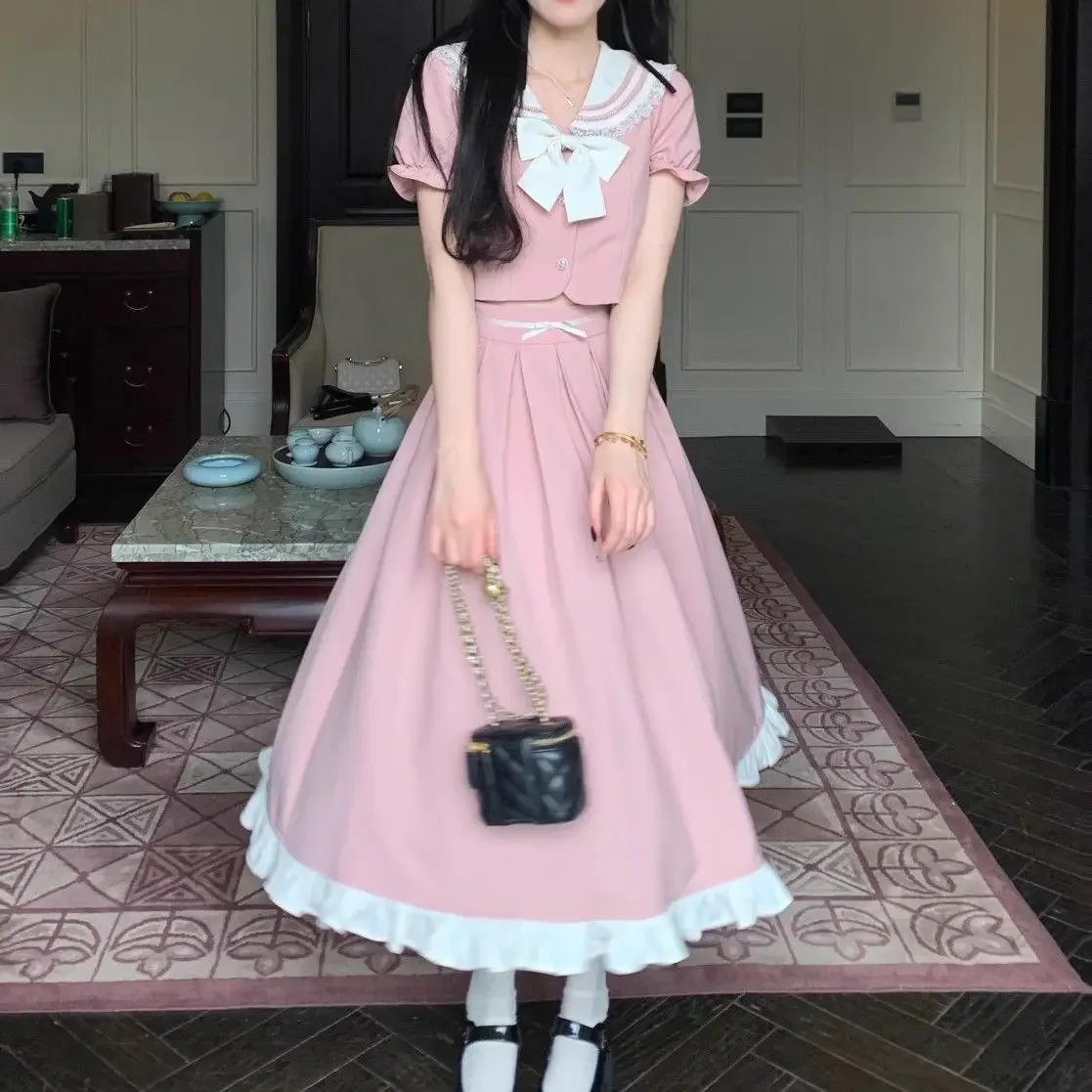

Casual All-match Kawaii Jk Uniform Suit 2025 New Sweet Age-reducing Girl College Style Navy Collar+Bow Skirt Y2k Two Piece Set