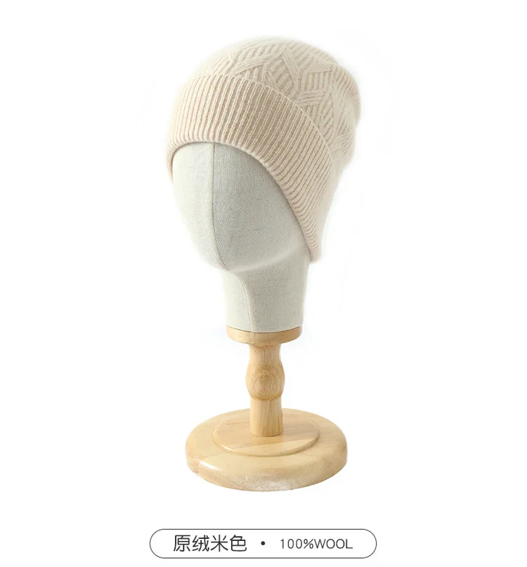 Gorro de punto de lana 100% pura para mujer, gorro de invierno suave sin picazón con protección para los oídos, gorro cálido con calavera