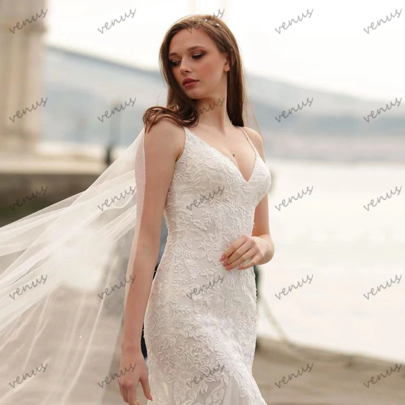 Abiti da sposa classici guaina Appliques di pizzo a sirena senza maniche con scollo a v abiti da sposa abiti da terra abiti da sposa 2024