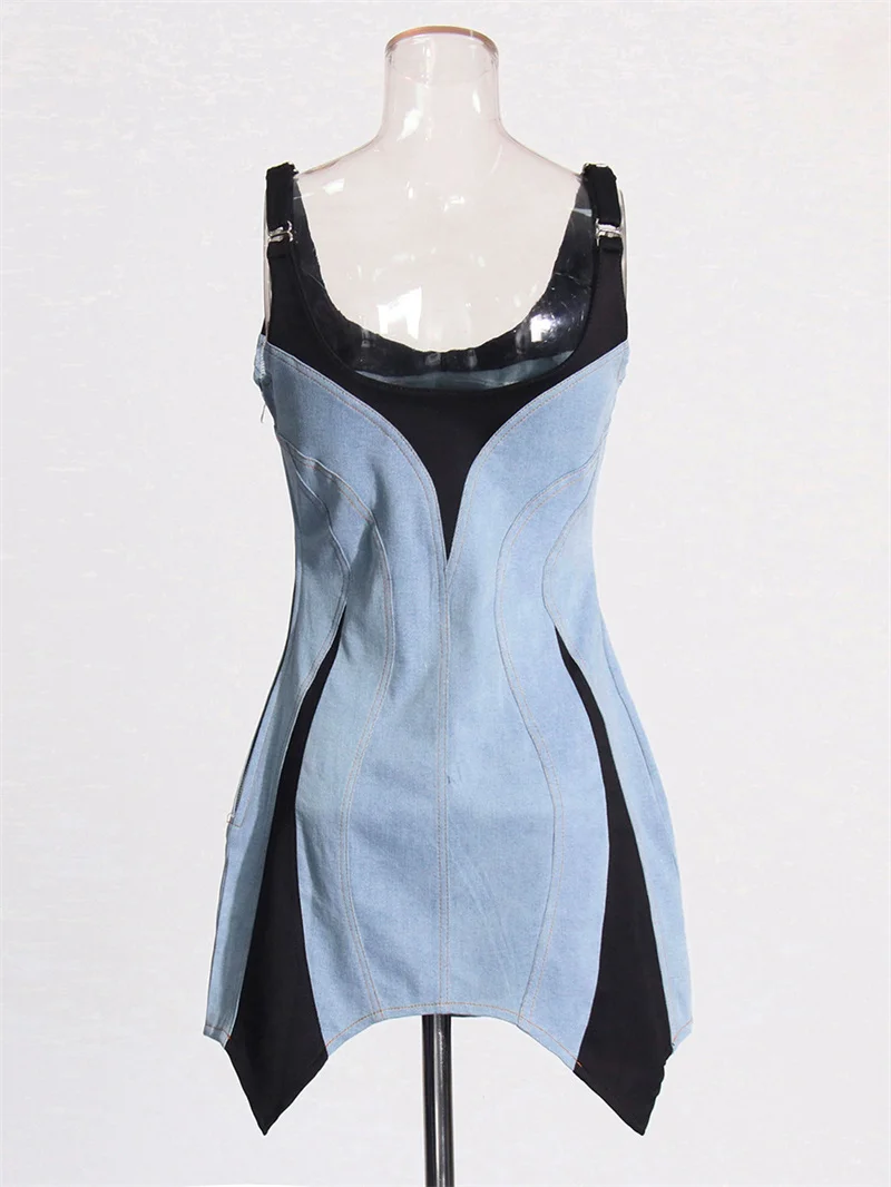 Patchwork Denim Jurk Vrouwen 2024 Zomer Nieuwe Mouwloze Jurken Mode Mini Sexy Wrap Heupjurk Trendy Dameskleding