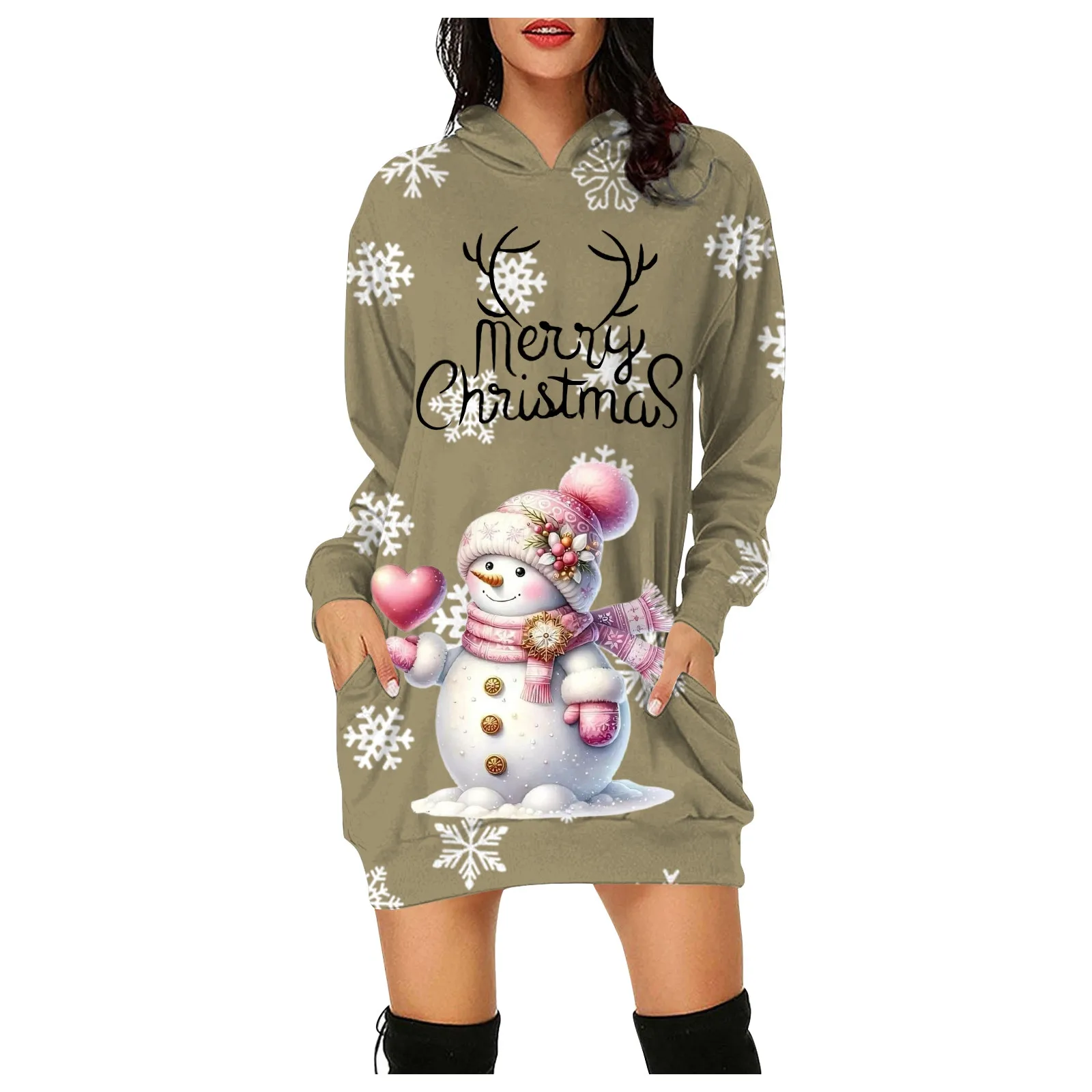 Boneco de neve feminino Natal estampado manga comprida pulôver vestido com capuz, casual solto, vestidos de bolso, moda