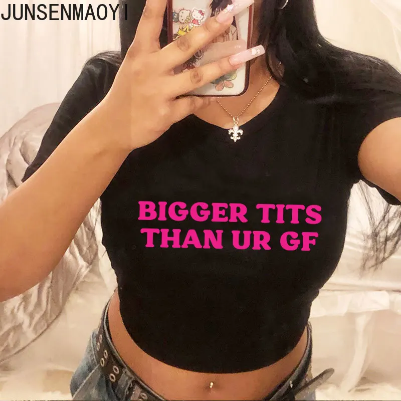 Bigger tits than ur gf Print Pattern New Summer Short Sleeve O Neck Cropped Navel Women Crop Tops Fashion T-Shirt