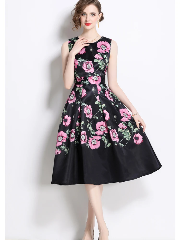 

Retro Printed Slim Fit Round Neck Vest Dress 2025 New Fashionable Summer Women'S Clothing