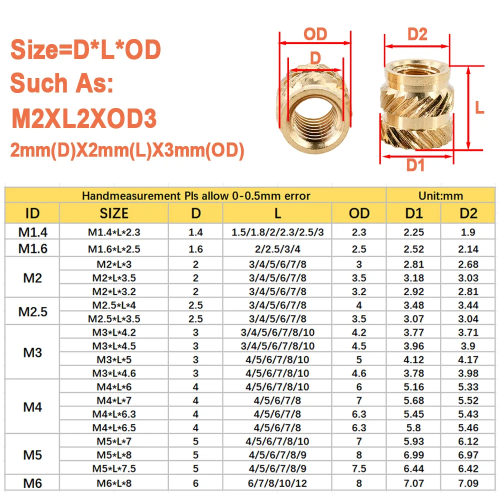 500PCS M2 M2.5 M3 M4 Brass Heat Threaded Insert Nut Thread Heat Molding Double Twill Injection Embedment Nuts 3D Pringting Print