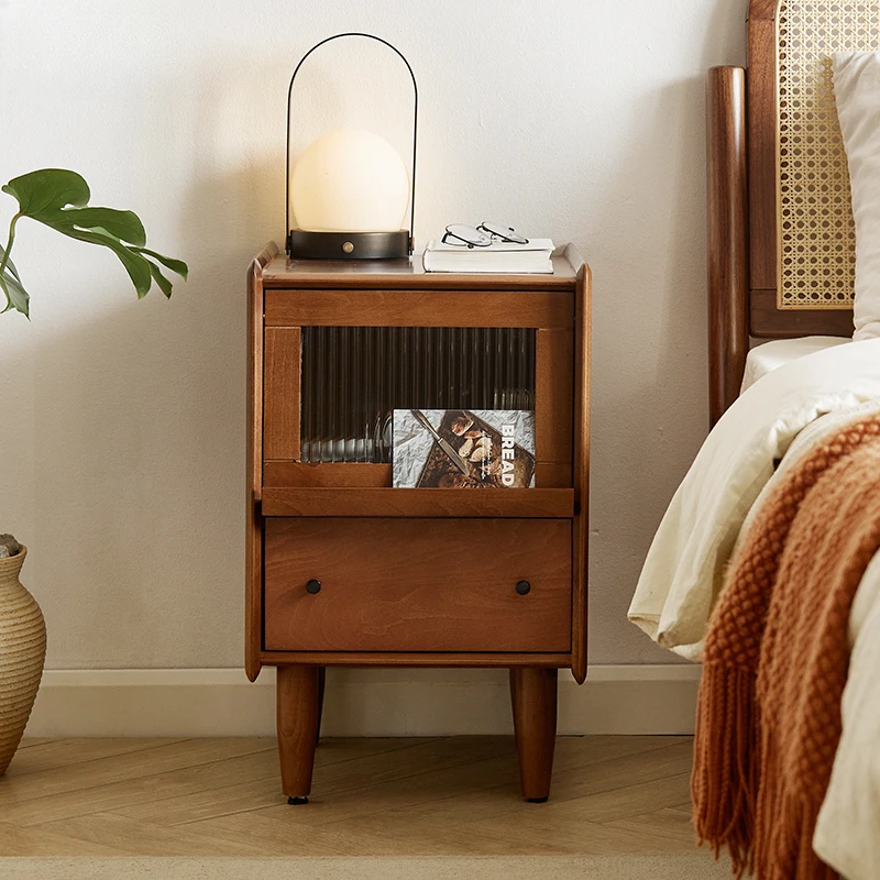 Solid wood bedside table simple small ultra-narrow side cabinet bedroom bedside locker mini cabinet retro locker