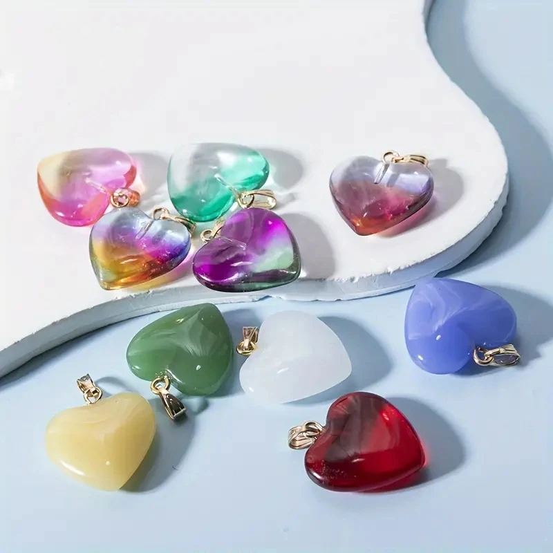 10pcs Vibrant Heart-Shaped Glass Stone Pendants - Versatile Beads for Creative DIY Necklace & Bracelet Jewelry Making