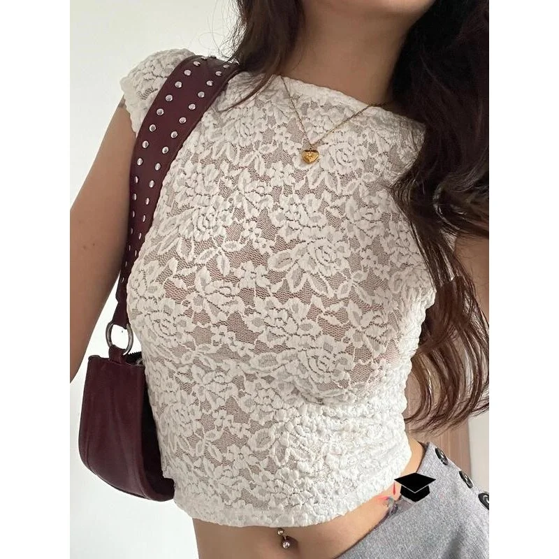 

Lace Backs Crop Top Women's Short Sleeveless T-shirt Back Design Fashionable Ladies' Tee Spring Season Other Material