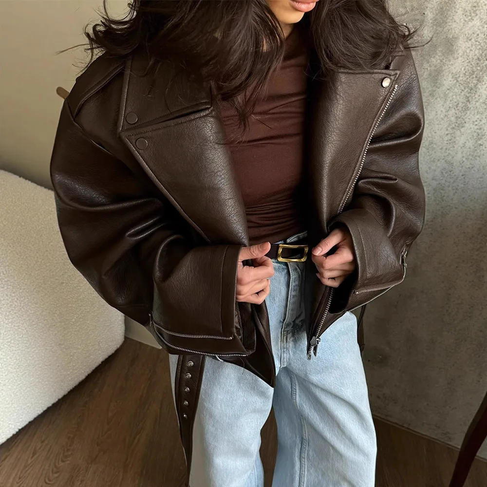 Cross border women's clothing  high-end design  new style  temperament  lapel  short strap  brown leather jacket  jacket