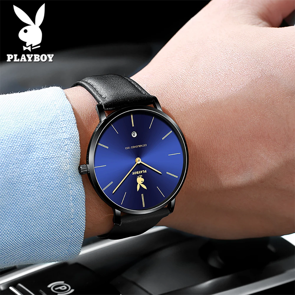 PLAYBOY High Quality Waterproof Watch For Men Fashion Genuine Leather Strap Men Quartz Wristwatches Luxury Calendar Male Watch