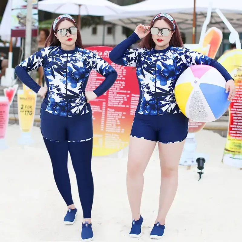 

Korean Women's Rash Guards Plus Size Diving Suit Split Long Sleeve Swimwear Print Zipper Floating Diving Surfing Sports Swimsuit