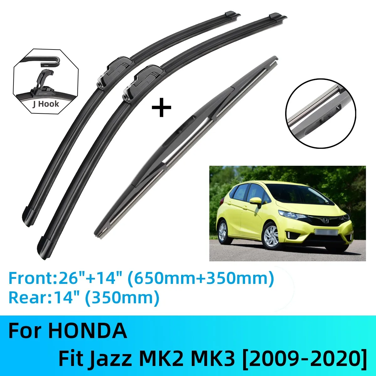 

For HONDA Fit Jazz MK2 MK3 Front Rear Wiper Blades Brushes Cutter Accessories J U Hook 2009-2020 2015 2016 2017 2018 2019 2020