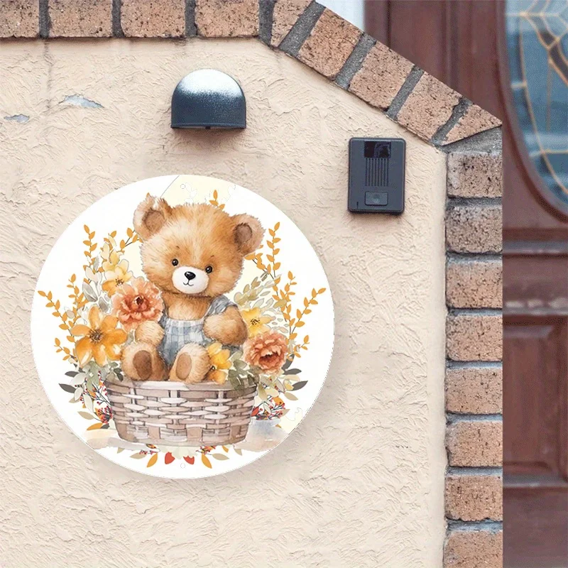 2D Flat, 1pc 1pcs Suitable for Outdoor/ 20.32x20.32cm Iron Metal Sign - Fall Teddy Bear Floral Basket Wreath Wall Decor with Rus