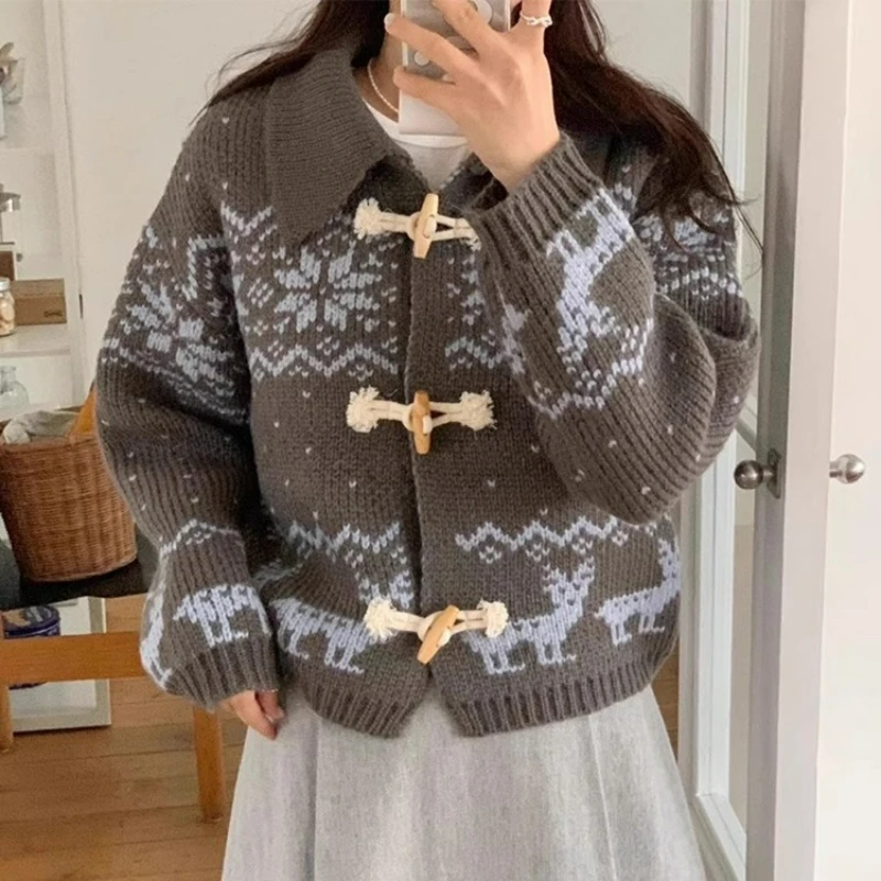 Women Print Turn Down Collar Sweaters Cardigan Warm Thick Casual Spliced Jumpers Long Sleeve Buttons Spliced Sweater Streetwear