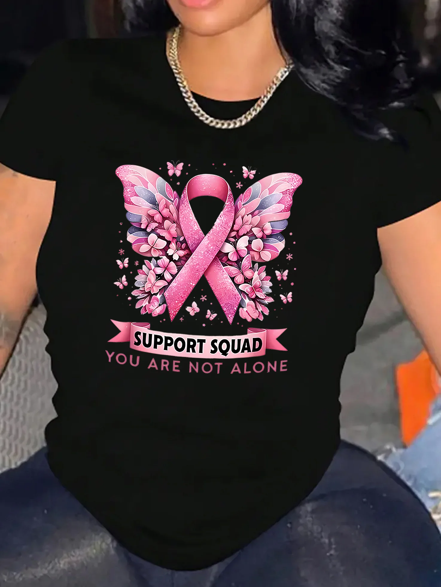 

Women's Breast Cancer Awareness Butterfly Ribbon Harajuku Short Sleeve Casual Women's Clothing Street Aesthetic Clothes