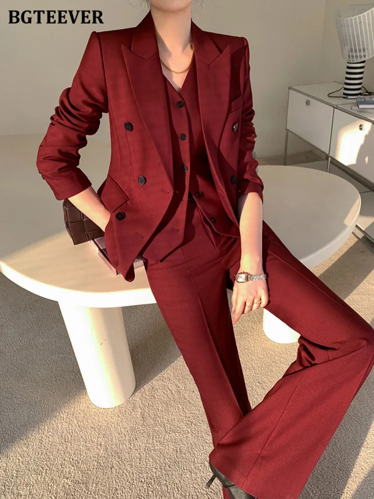 BGTEEVER Elegant 3 Pieces Trousers Suits Women Double Breasted Blazer & V-neck Vests & Wide Leg Long Pants Office Ladies Outfits