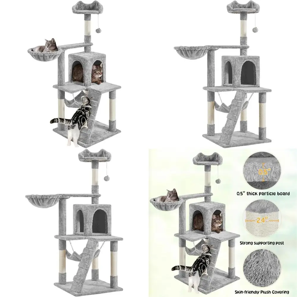 

Высокий серый кошачий комплекс 54 дюйма с гамаком, когтеточкой, плюшевой корзиной и лежанками - прочный и устойчивый игровой центр для кошек в помещении