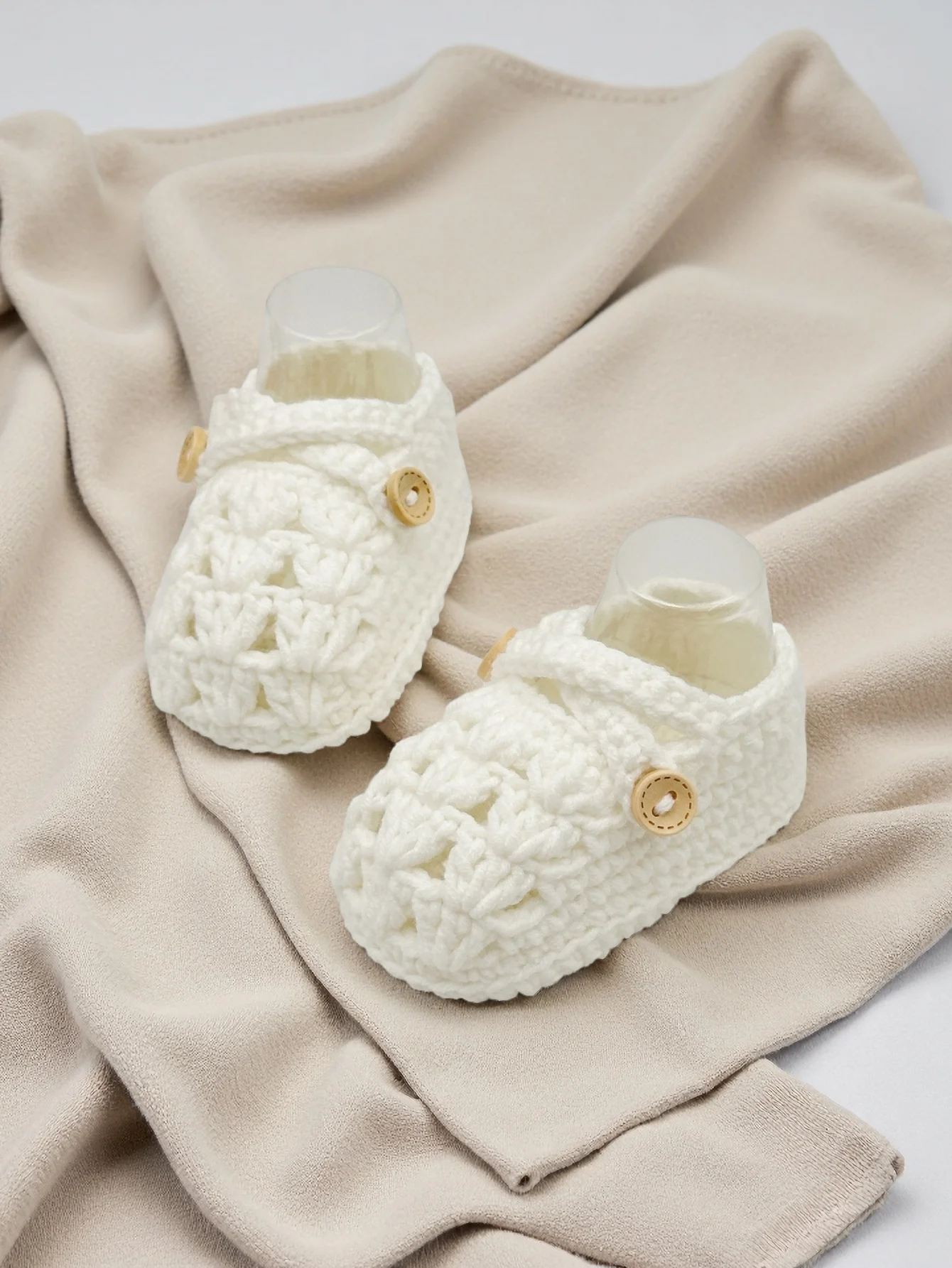 

1 Pair Handmade White Crochet Baby Booties with Button Detail, Soft Knit Infant Shoes for Newborns, 0-12 Months