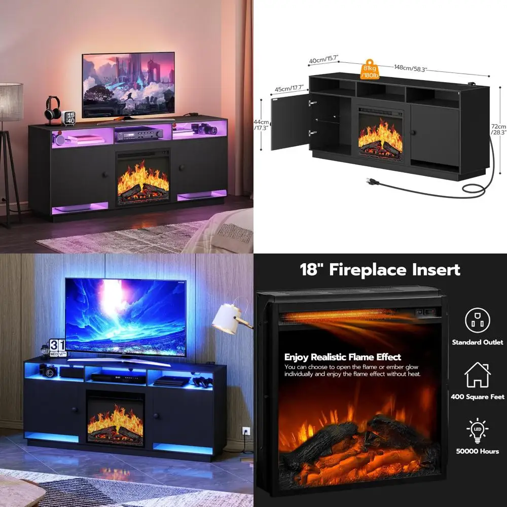

Black Electric Fireplace TV Stand with Charging, LED Lights for 32-65 TVs, Modern Entertainment Center