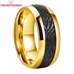 Tungsten Carbide Engagement Rings For Men Women Wedding Band Gold Plated Domed Black Meteorite Inlay High Polished Shiny