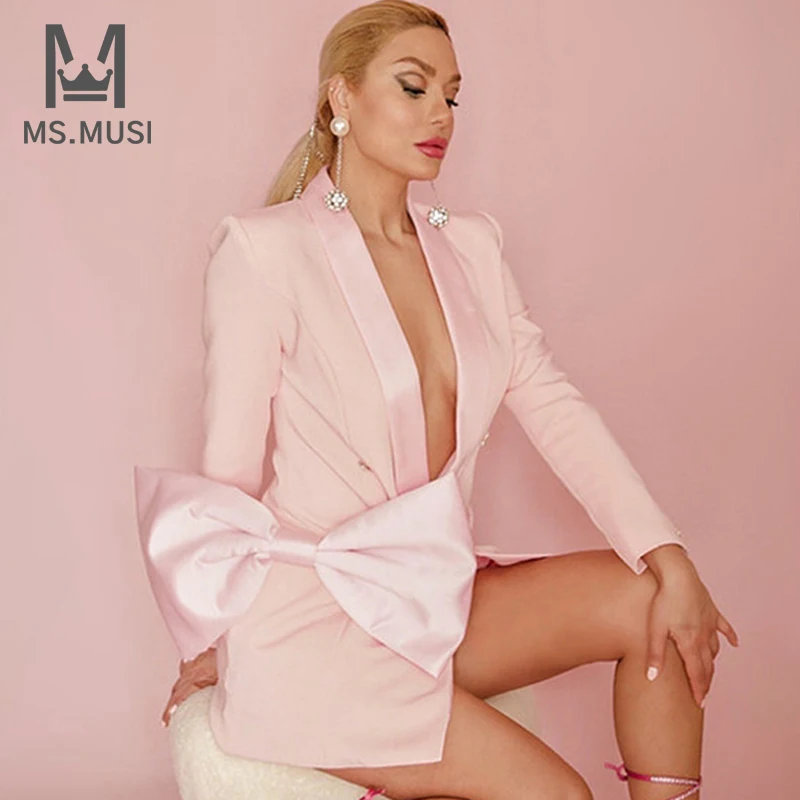 

MSMUSI 2022 New Fashion Women Sexy V Neck Crystal Double-Breasted Bow Long Sleeve Bodycon Party Club Event Blazer Mini Dress